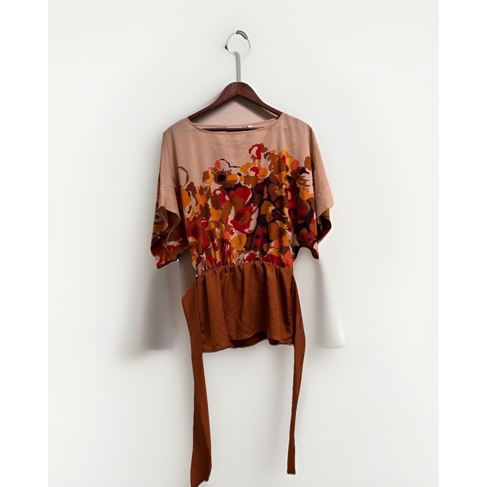 New York And Co Womens Brown Floral Attached Belt Blouse